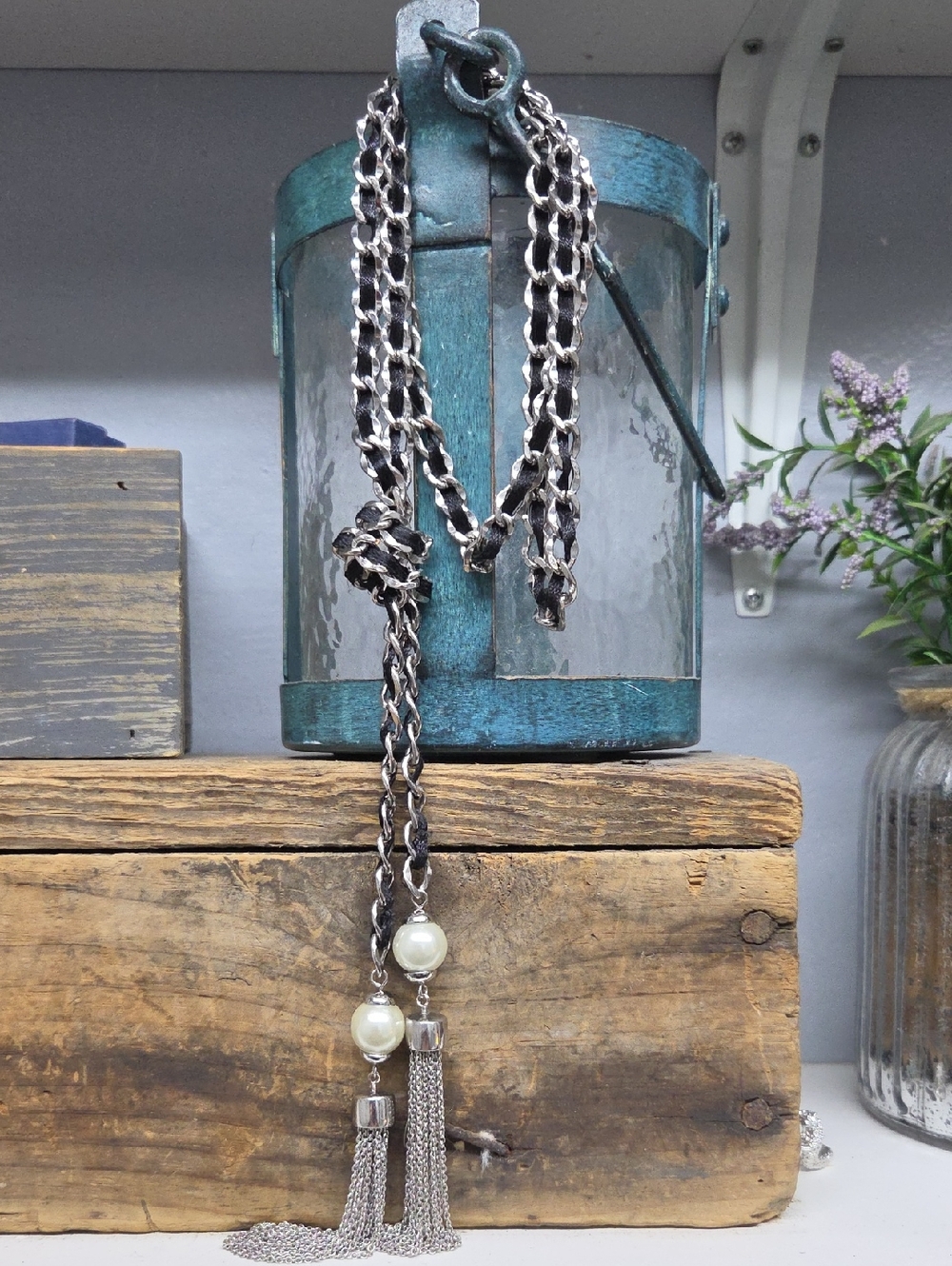 White House Black Market Silver & Black Chain Necklace with Pearl Tassels